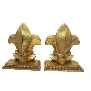Vtg 1995 Fleur De Lis Heavy Bookends Polyresin Distressed Gold Tone CBK Ltd 6.5"